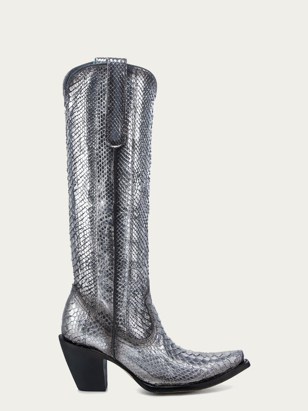 Corral Boots A4716 - WOMEN'S GENUINE FULL PYTHON BLACK AND SILVER TALL TOP SNIP TOE COWBOY BOOT
