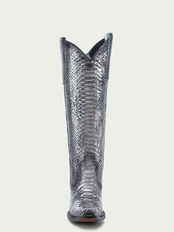 Corral Boots A4716 - WOMEN'S GENUINE FULL PYTHON BLACK AND SILVER TALL TOP SNIP TOE COWBOY BOOT