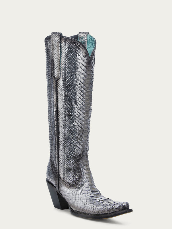 corral boots A4716 - WOMEN'S GENUINE FULL PYTHON BLACK AND SILVER TALL TOP SNIP TOE COWBOY BOOT