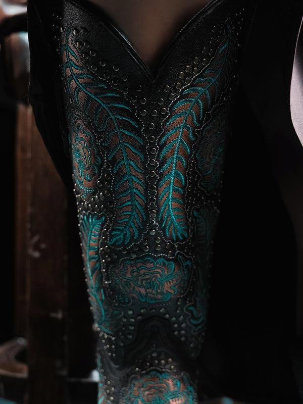 Corral Boots A4726 - WOMEN'S BLUE EMBROIDERY AND BRONZE STUDS BLACK SNIP TOE COWBOY BOOT