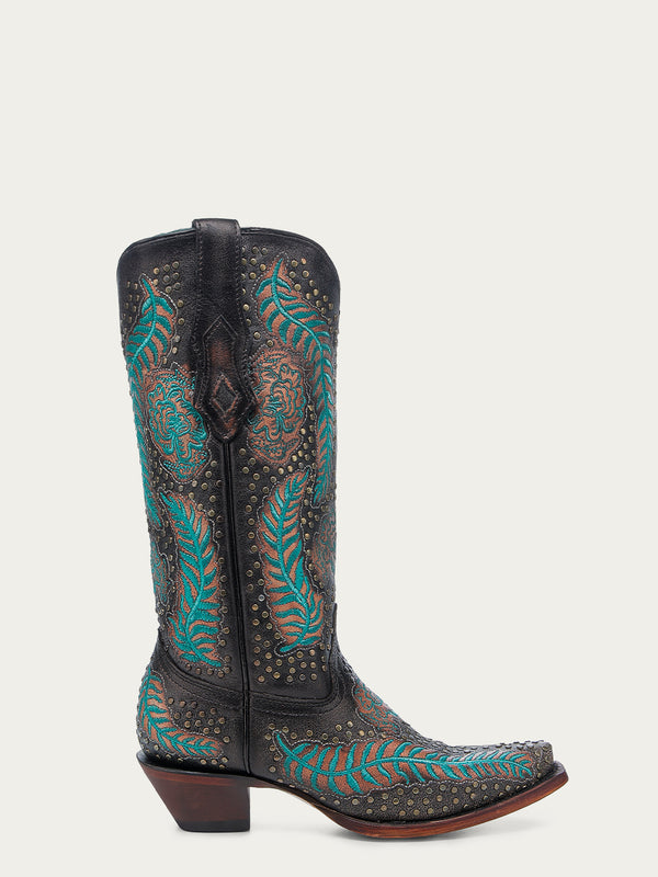 Corral Boots A4726 - WOMEN'S BLUE EMBROIDERY AND BRONZE STUDS BLACK SNIP TOE COWBOY BOOT