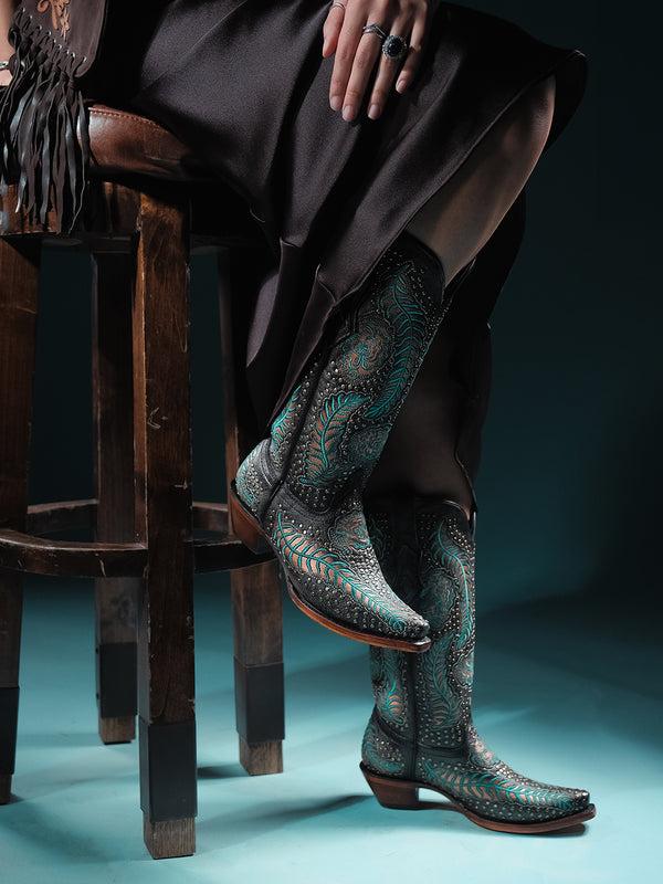 Corral Boots A4726 - WOMEN'S BLUE EMBROIDERY AND BRONZE STUDS BLACK SNIP TOE COWBOY BOOT