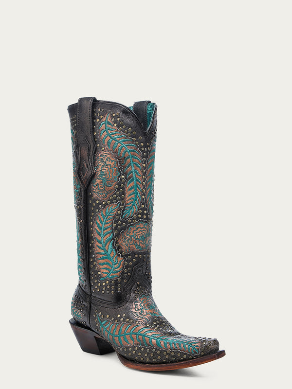corral boots A4726 - WOMEN'S BLUE EMBROIDERY AND BRONZE STUDS BLACK SNIP TOE COWBOY BOOT