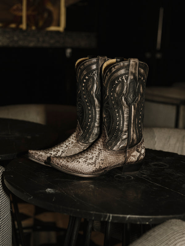 Corral Boots A4735 - MEN'S NATURAL PYTHON OVERLAY EMBROIDERY AND WOVEN DETAIL BLACK SNIP TOE COWBOY BOOT