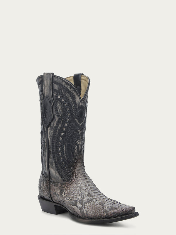 corral boots A4735 - MEN'S NATURAL PYTHON OVERLAY EMBROIDERY AND WOVEN DETAIL BLACK SNIP TOE COWBOY BOOT