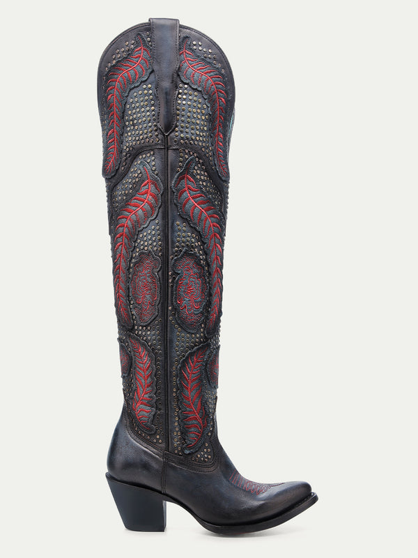 Corral Boots A4737 - WOMEN'S RED EMBROIDERY WOVEN J TOE BLACK COWBOY BOOT