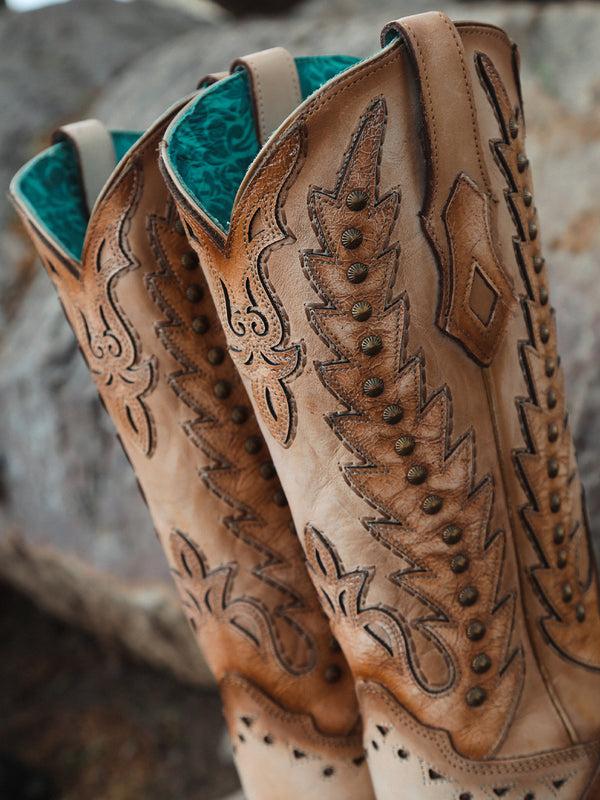 Corral Boots A4740 - WOMEN'S EMBROIDERY OVERLAY AND STUDS WING TIP SAND SNIP TOE COWBOY BOOT