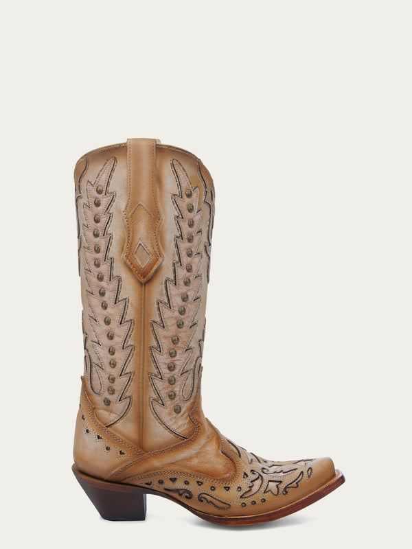 Corral Boots A4740 - WOMEN'S EMBROIDERY OVERLAY AND STUDS WING TIP SAND SNIP TOE COWBOY BOOT