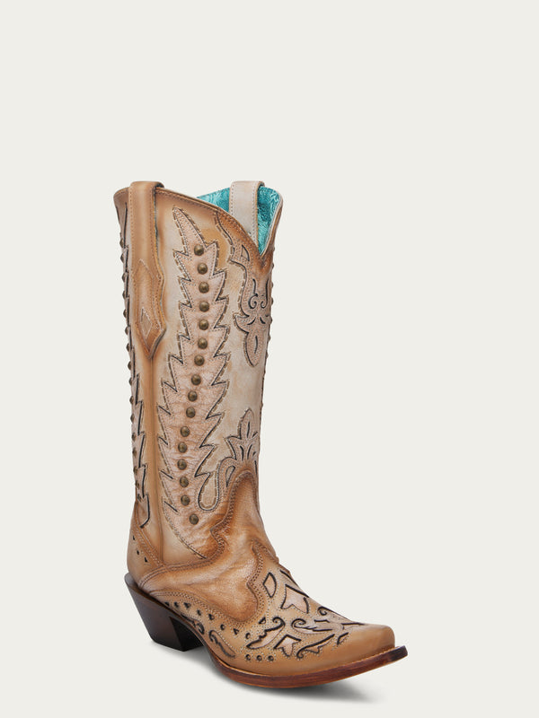 corral boots A4740 - WOMEN'S EMBROIDERY OVERLAY AND STUDS WING TIP SAND SNIP TOE COWBOY BOOT