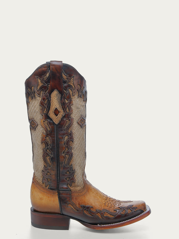Corral Boots A4744 - WOMEN'S CROSS OVERLAY SAND JUTE WIDE SQUARE TOE COWBOY BOOT