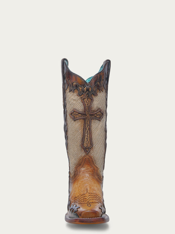 Corral Boots A4744 - WOMEN'S CROSS OVERLAY SAND JUTE WIDE SQUARE TOE COWBOY BOOT