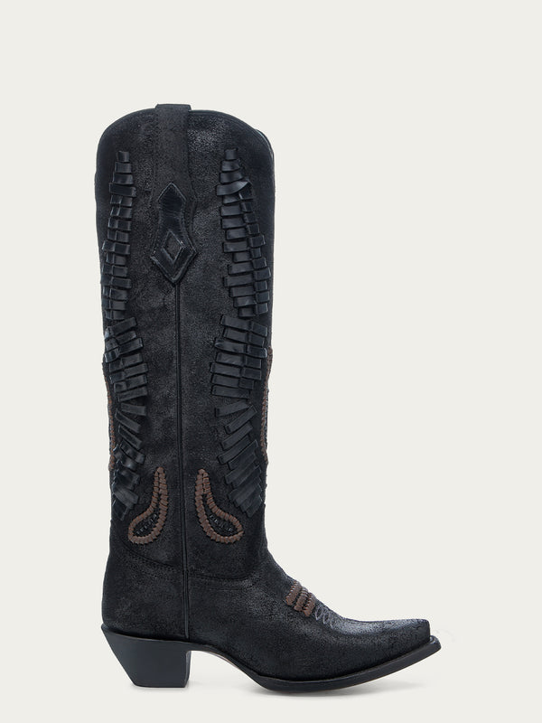 Corral Boots A4752 - WOMEN'S BLACK FLORAL EMBROIDERY SNIP TOE TALL TOP COWBOY BOOT