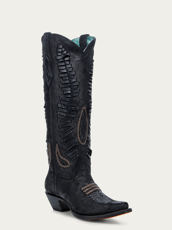 corral boots A4752 - WOMEN'S BLACK FLORAL EMBROIDERY SNIP TOE TALL TOP COWBOY BOOT