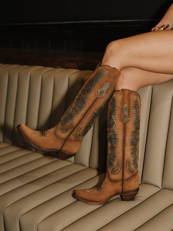 Corral Boots A4754 - WOMEN'S DENIM WOVEN TALL TOP COGNAC SNIP TOE COWBOY BOOT