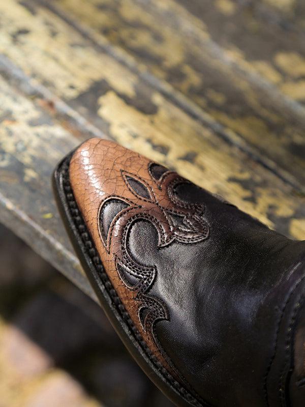 Corral Boots A4767 - WOMEN'S HONEY FEATHER EMBROIDERY WITH CRACKLED OVERLAY AND STUDS BLACK SNIP TOE COWBOY BOOT