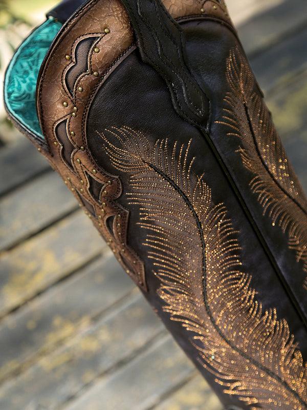 Corral Boots A4767 - WOMEN'S HONEY FEATHER EMBROIDERY WITH CRACKLED OVERLAY AND STUDS BLACK SNIP TOE COWBOY BOOT