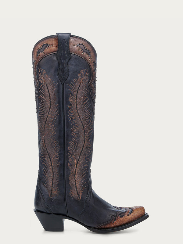 Corral Boots A4767 - WOMEN'S HONEY FEATHER EMBROIDERY WITH CRACKLED OVERLAY AND STUDS BLACK SNIP TOE COWBOY BOOT