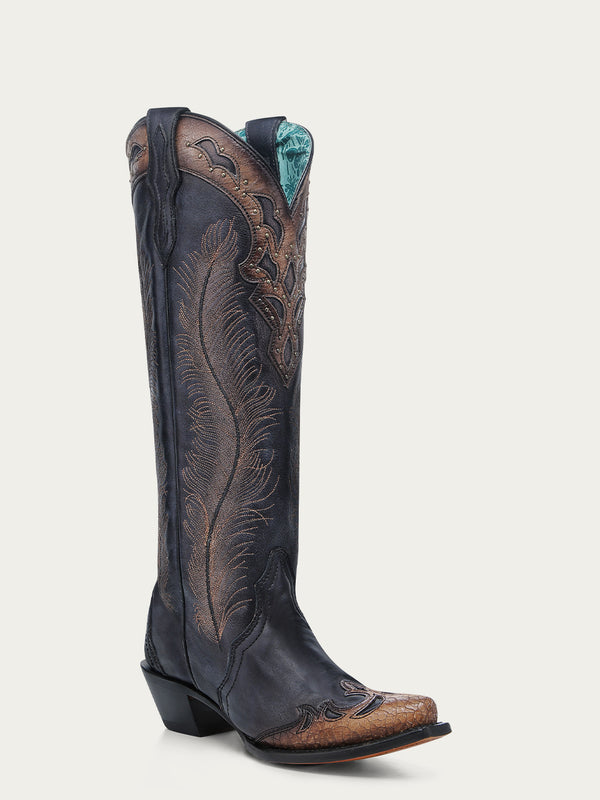 corral boots A4767 - WOMEN'S HONEY FEATHER EMBROIDERY WITH CRACKLED OVERLAY AND STUDS BLACK SNIP TOE COWBOY BOOT
