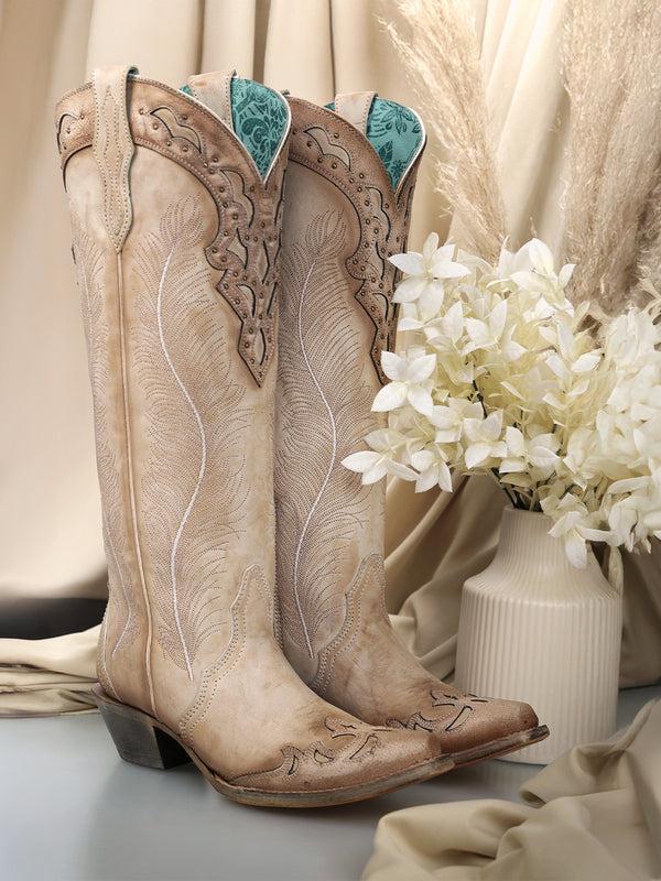 Corral Boots A4768 - WOMEN'S FEATHER EMBROIDERY WITH CRACKLED OVERLAY AND STUDS SAND SNIP TOE COWBOY BOOT
