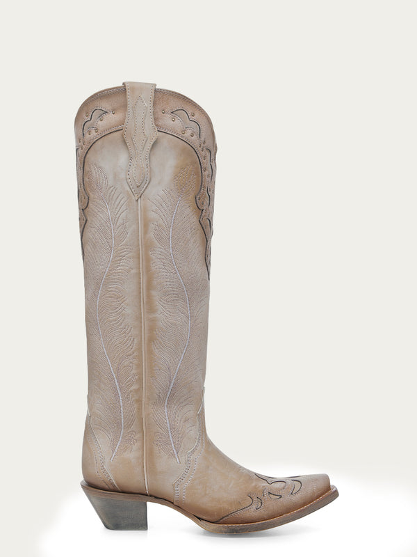 Corral Boots A4768 - WOMEN'S FEATHER EMBROIDERY WITH CRACKLED OVERLAY AND STUDS SAND SNIP TOE COWBOY BOOT