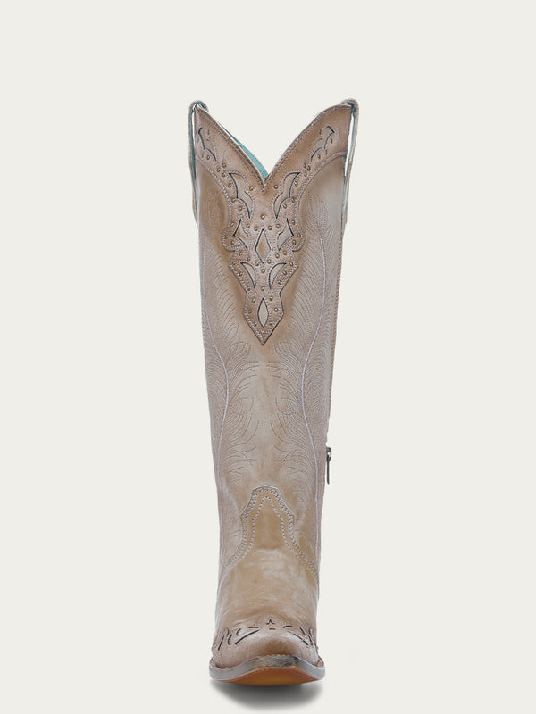 Corral Boots A4768 - WOMEN'S FEATHER EMBROIDERY WITH CRACKLED OVERLAY AND STUDS SAND SNIP TOE COWBOY BOOT