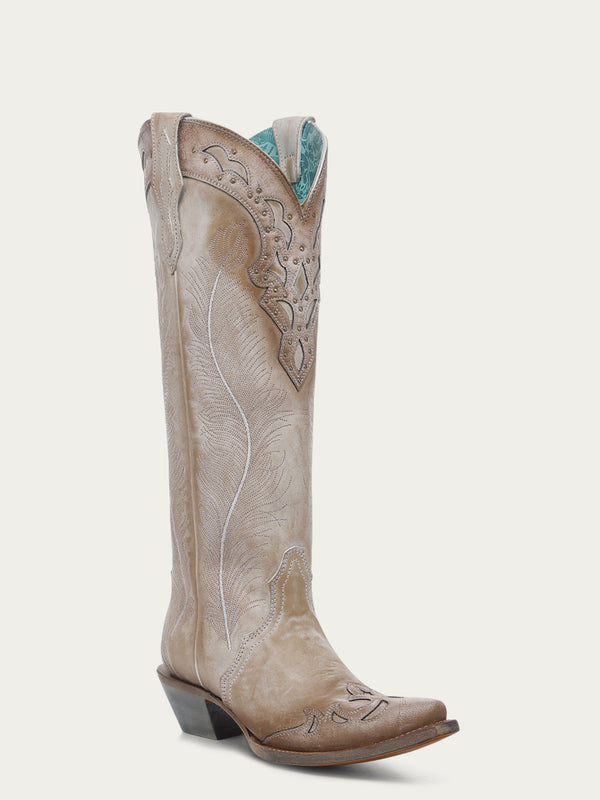 corral boots A4768 - WOMEN'S FEATHER EMBROIDERY WITH CRACKLED OVERLAY AND STUDS SAND SNIP TOE COWBOY BOOT