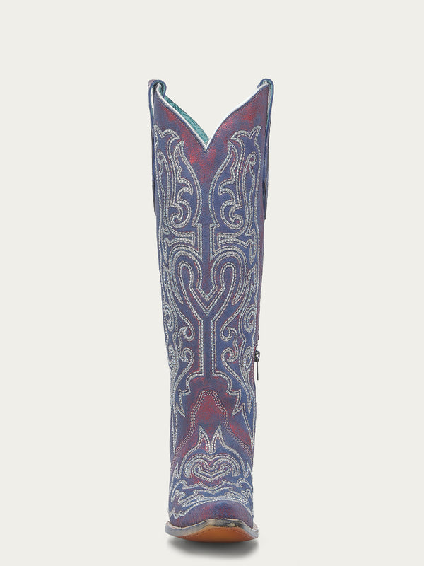 Corral Boots A4772 - WOMEN'S BLUE AND WHITE CHAMELEON EFFECT EMBROIDERY AND CRYSTALS RED TALL TOP SNIP TOE COWBOY BOOT