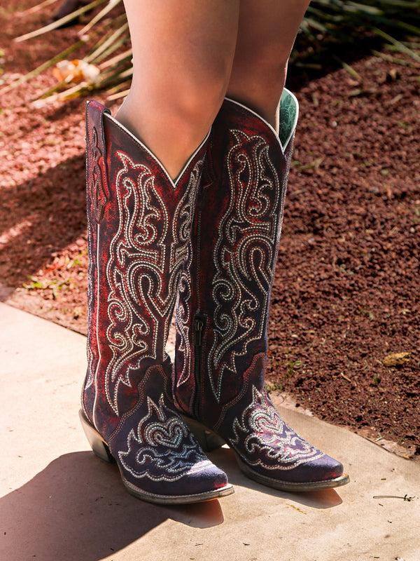 Corral Boots A4772 - WOMEN'S BLUE AND WHITE CHAMELEON EFFECT EMBROIDERY AND CRYSTALS RED TALL TOP SNIP TOE COWBOY BOOT