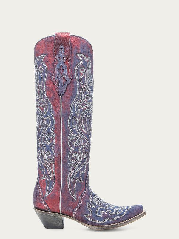 Corral Boots A4772 - WOMEN'S BLUE AND WHITE CHAMELEON EFFECT EMBROIDERY AND CRYSTALS RED TALL TOP SNIP TOE COWBOY BOOT