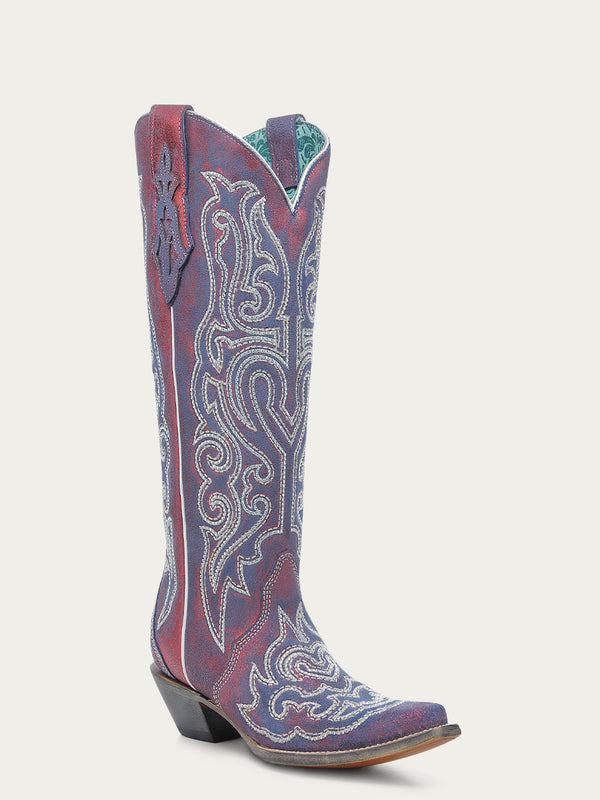 corral boots A4772 - WOMEN'S BLUE AND WHITE CHAMELEON EFFECT EMBROIDERY AND CRYSTALS RED TALL TOP SNIP TOE COWBOY BOOT corral boots A4772 - WOMEN'S BLUE AND WHITE CHAMELEON EFFECT EMBROIDERY AND CRYSTALS RED TALL TOP SNIP TOE COWBOY BOOT