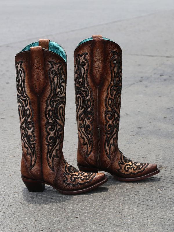 Corral Boots A4773 - WOMEN'S EMBROIDERY AND CRYSTALS CRACKLED TOBACCO TALL TOP SNIP TOE COWBOY BOOT