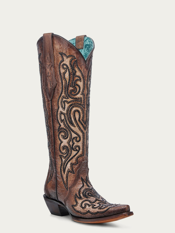 corral boots A4773 - WOMEN'S EMBROIDERY AND CRYSTALS CRACKLED TOBACCO TALL TOP SNIP TOE COWBOY BOOT