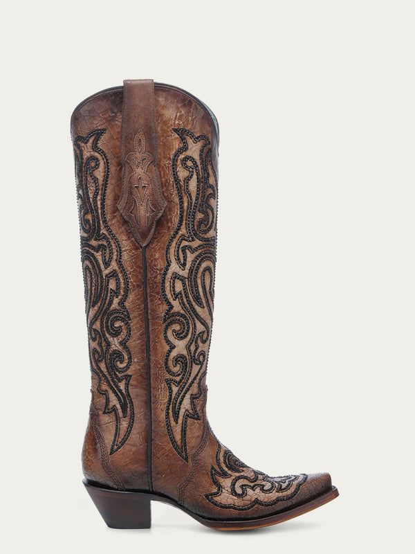 Corral Boots A4773 - WOMEN'S EMBROIDERY AND CRYSTALS CRACKLED TOBACCO TALL TOP SNIP TOE COWBOY BOOT