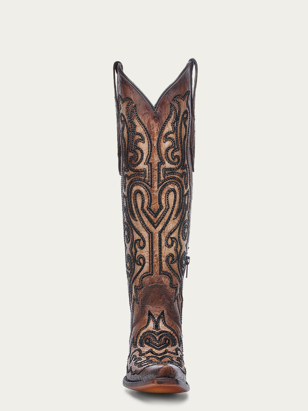 Corral Boots A4773 - WOMEN'S EMBROIDERY AND CRYSTALS CRACKLED TOBACCO TALL TOP SNIP TOE COWBOY BOOT