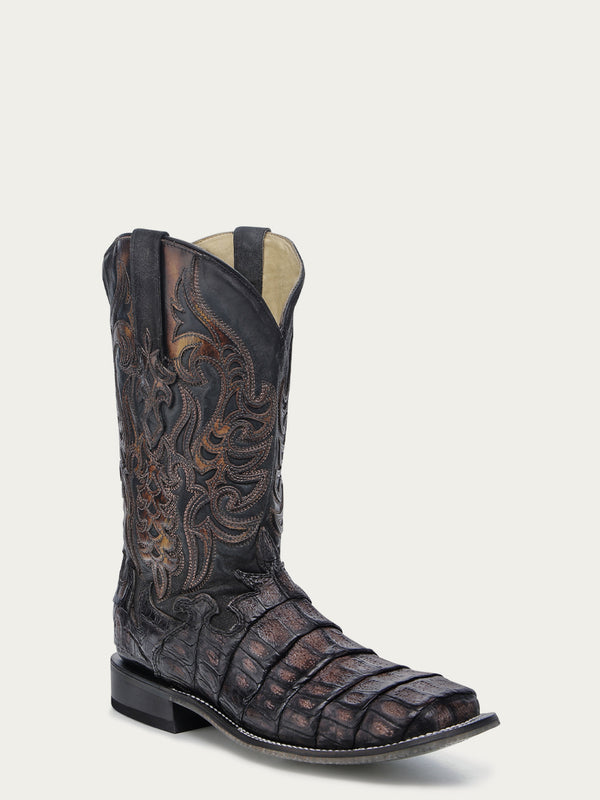 corral boots A4774 - MEN'S CAIMAN EMBROIDERY AND OVERLAY CHOCOLATE WIDE SQUARE TOE COWBOY BOOT