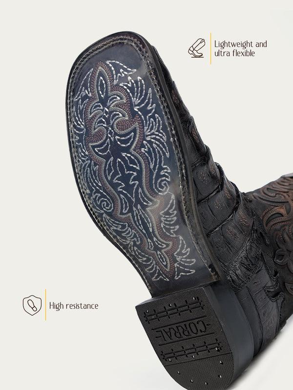 Corral Boots A4774 - MEN'S CAIMAN EMBROIDERY AND OVERLAY CHOCOLATE WIDE SQUARE TOE COWBOY BOOT