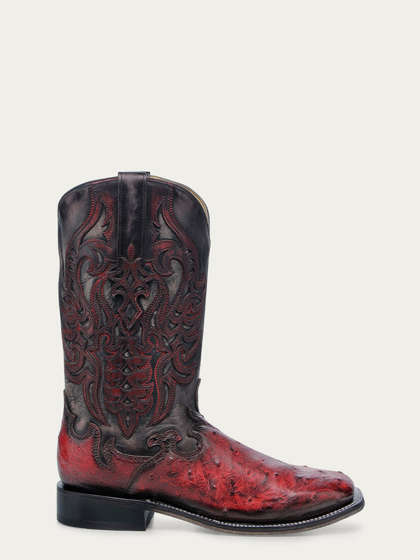 Corral Boots A4776 - MEN'S BLACK EMBROIDERY AND OVERLAY RED OSTRICH WIDE SQUARE TOE COWBOY BOOT