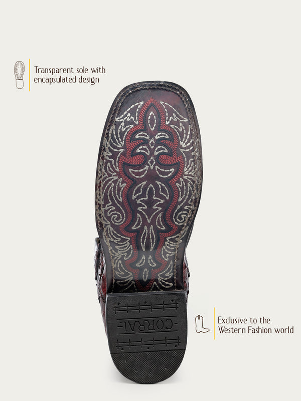 Corral Boots A4776 - MEN'S BLACK EMBROIDERY AND OVERLAY RED OSTRICH WIDE SQUARE TOE COWBOY BOOT