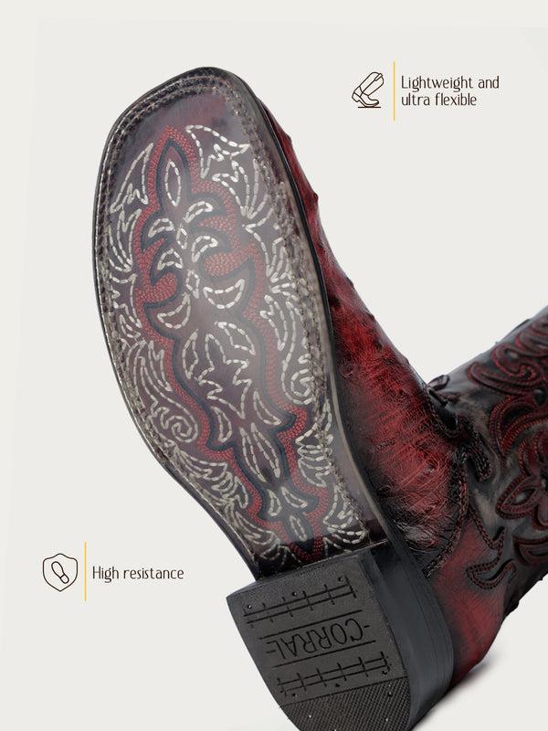 Corral Boots A4776 - MEN'S BLACK EMBROIDERY AND OVERLAY RED OSTRICH WIDE SQUARE TOE COWBOY BOOT