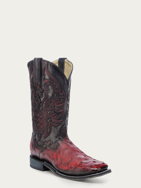 corral boots A4776 - MEN'S BLACK EMBROIDERY AND OVERLAY RED OSTRICH WIDE SQUARE TOE COWBOY BOOT