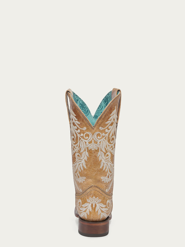 Corral Boots A4784 - WOMEN'S GLOW IN THE DARK WHITE FLORAL EMBROIDERY SAND SQUARE TOE COWBOY BOOT
