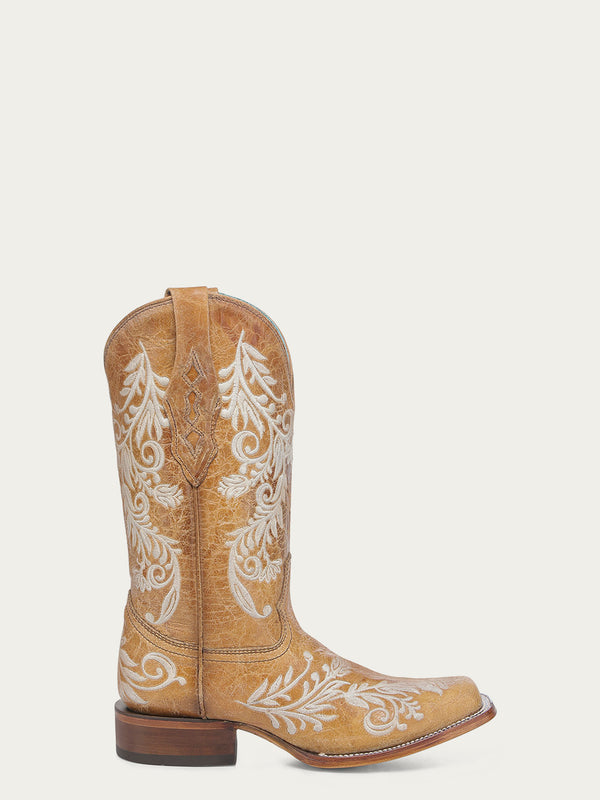 Corral Boots A4784 - WOMEN'S GLOW IN THE DARK WHITE FLORAL EMBROIDERY SAND SQUARE TOE COWBOY BOOT