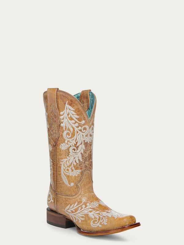 corral boots A4784 - WOMEN'S GLOW IN THE DARK WHITE FLORAL EMBROIDERY SAND SQUARE TOE COWBOY BOOT