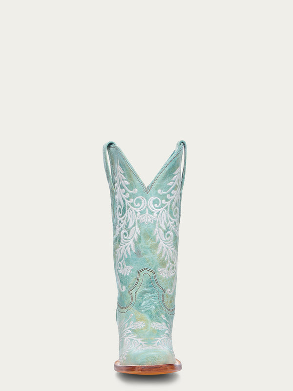 Corral Boots A4785 - WOMEN'S GLOW IN THE DARK WHITE FEATHERED FLORAL EMBROIDERY TURQUOISE SQUARE TOE COWBOY BOOT