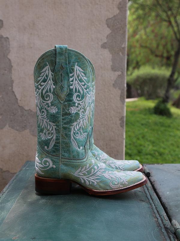 Corral Boots A4785 - WOMEN'S GLOW IN THE DARK WHITE FEATHERED FLORAL EMBROIDERY TURQUOISE SQUARE TOE COWBOY BOOT