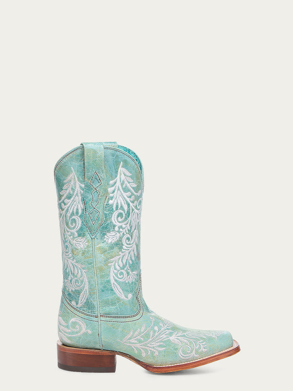 Corral Boots A4785 - WOMEN'S GLOW IN THE DARK WHITE FEATHERED FLORAL EMBROIDERY TURQUOISE SQUARE TOE COWBOY BOOT