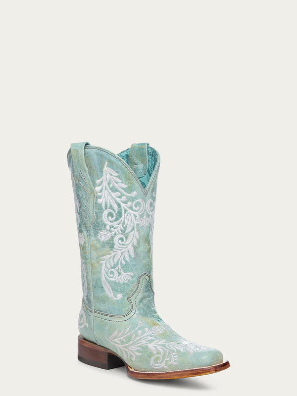 corral boots A4785 - WOMEN'S GLOW IN THE DARK WHITE FEATHERED FLORAL EMBROIDERY TURQUOISE SQUARE TOE COWBOY BOOT