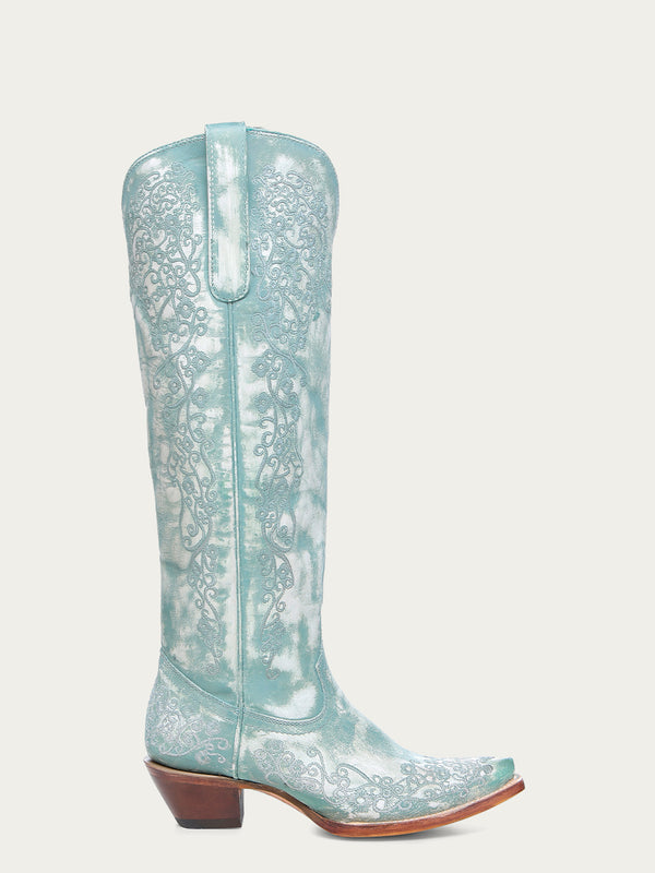 Corral Boots A4787 - WOMEN'S FLORAL EMBROIDERY FADED TURQUOISE SNIP TOE TALL TOP COWBOY BOOT