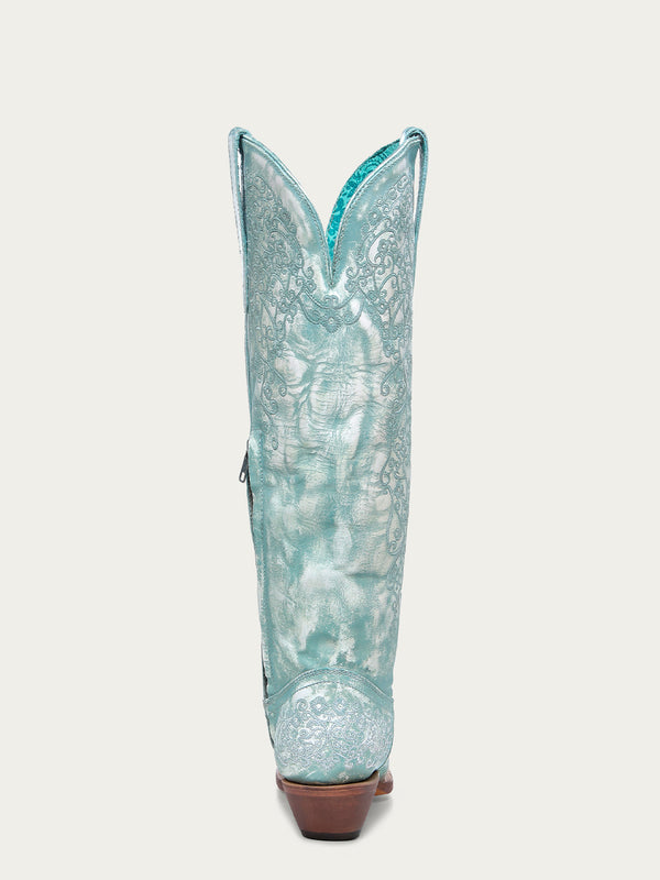 Corral Boots A4787 - WOMEN'S FLORAL EMBROIDERY FADED TURQUOISE SNIP TOE TALL TOP COWBOY BOOT