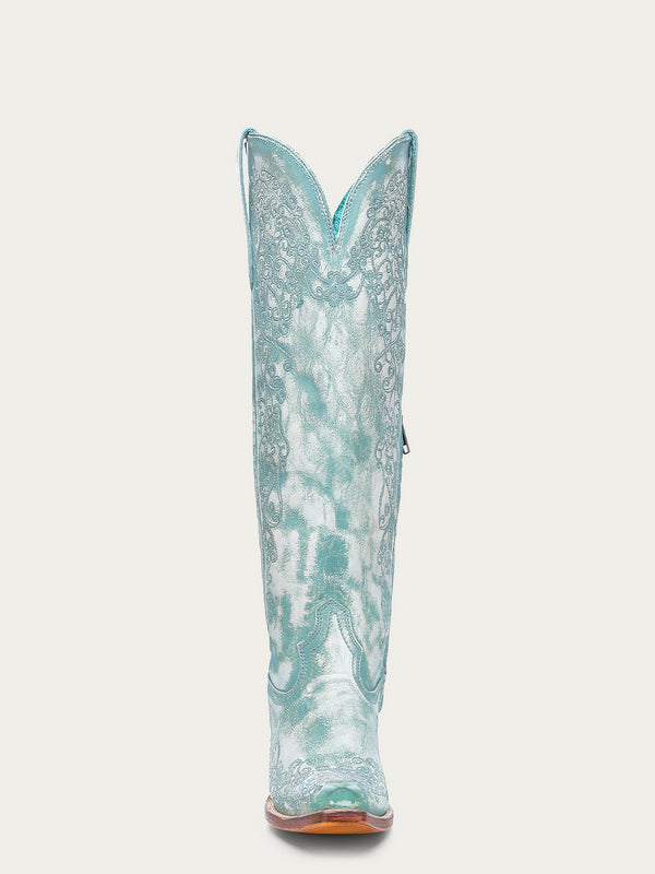 Corral Boots A4787 - WOMEN'S FLORAL EMBROIDERY FADED TURQUOISE SNIP TOE TALL TOP COWBOY BOOT